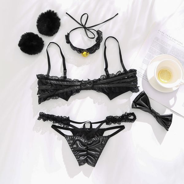

dark devil lace bracelet bell collar bra panty cute cat girl kawaii japanese lingerie set little devil anime copslay costumes, Red;black