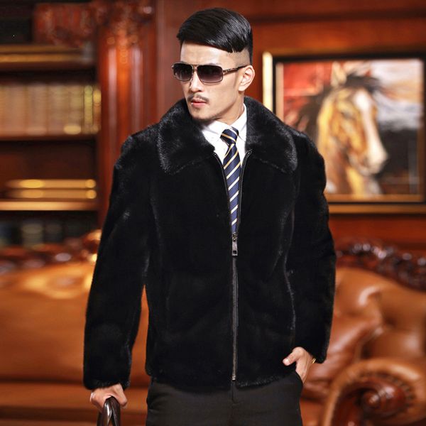 

men's fur coat mink-like clothes leisure jacket leather coat mink-like men's style, Black