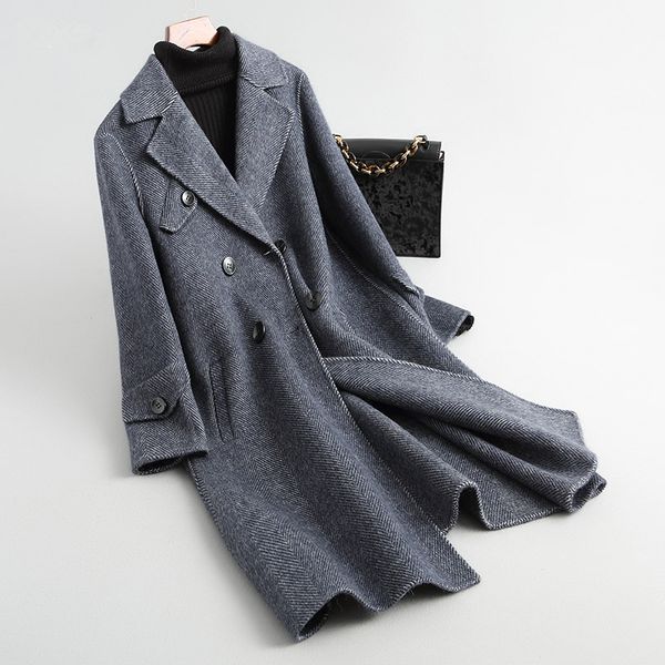 

women's wool & blends 2021 elegant long coat female autumn winter alpaca korean casual ladies print jacket coats women abrigos, Black