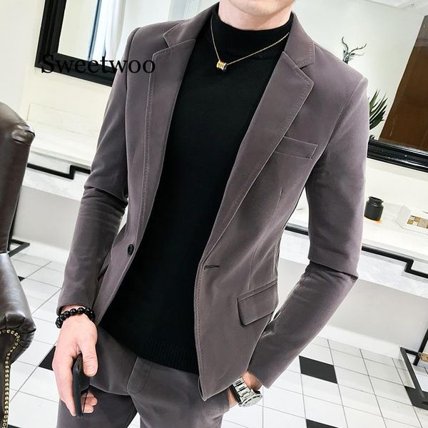 

2020 autumn new style men's suede blazer stylish slim fit single-button plain jacket suit pants suit set, White;black