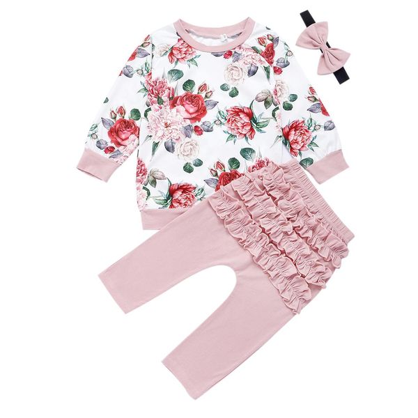 

0-2ой flower новорожденной baby girl одежда set осень весна цветочный длинный рукав + ruffels брюки наряды, White