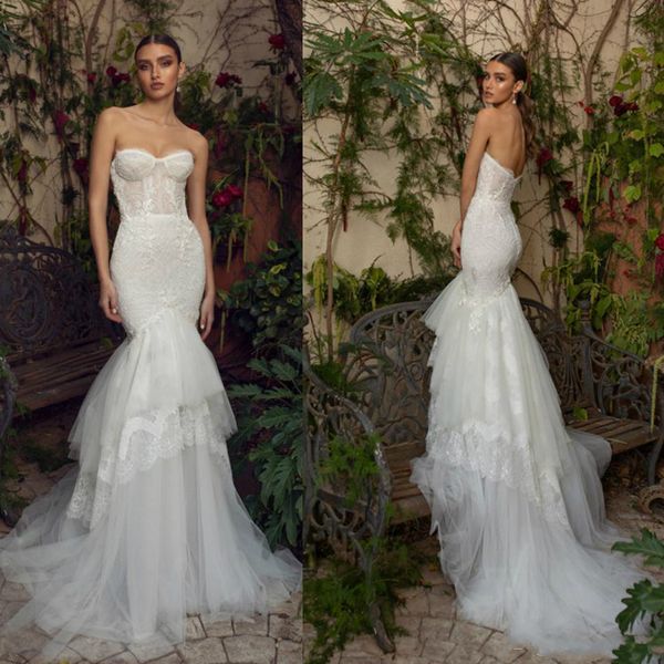 

matan shaked mermaid wedding dresses sweetheart lace appliques ruffle backless bridal gowns plus size beach robe de mariÃ©e, White