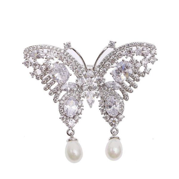 

new butterfly pin brooch zircons dropping pearls high-end brooch women's autumn and winter sweater coat classical brooch, Gray