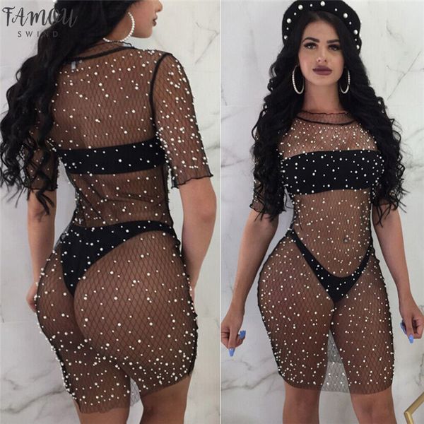 

шнурок лето женщин крючок бикини cover up топы купальники пляж платье mesh bodycon sexy see through платье девушка партии мини-платья, Black;gray