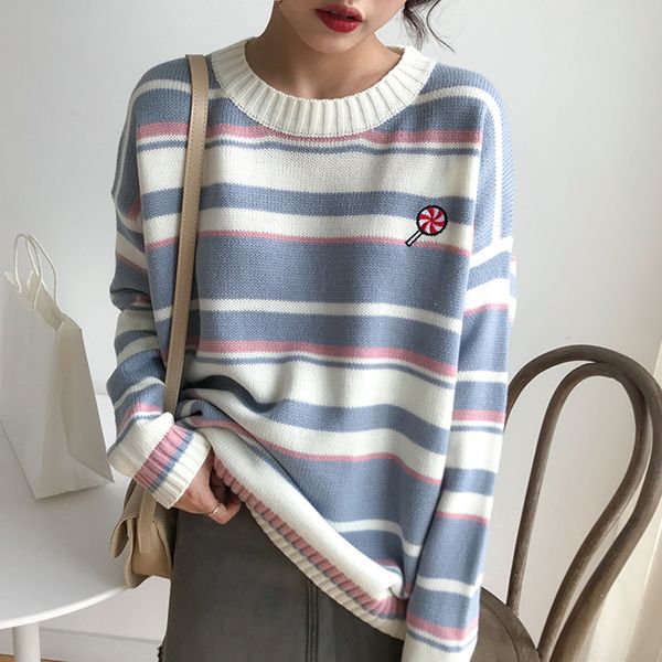 

new preppy style cute cartoon embroidery stripe sweater women autumn winter long sleeve casual pullovers sweaters, White;black
