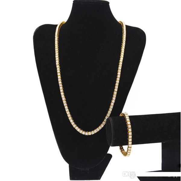 

hip hop jewelry sets iced out chains men's 1 row bling bling white black rhinestone tennis long necklaces bangle bracelet for rapper je, Silver