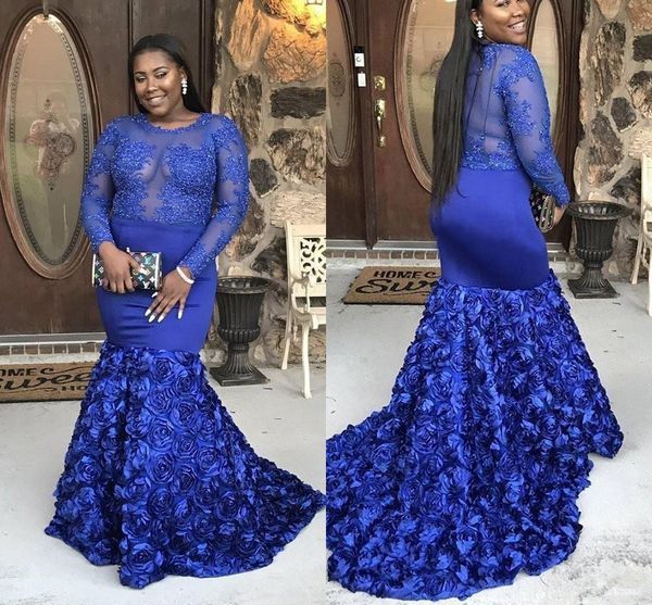 

roayl blue black girl meramaid prom evening dress 2019 appliqued long sleeve 3d rose flowers formal party gown plus size pageant gown