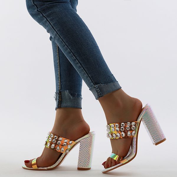

luxury shinny crystal beading rhinestone sandals block heel mules women designer heel slides, Black