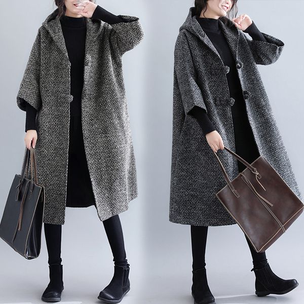 

women autumn winter hooded woolen coat female new loose elegant ladies coat cloak type long tweed fashion windbreaker outerwear, Tan;black