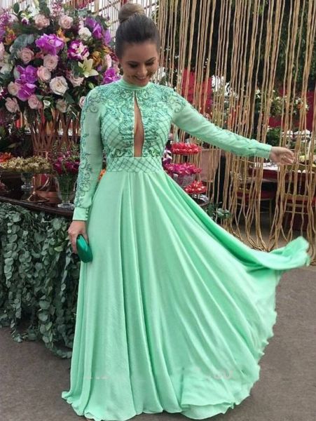

new prom dresses elegant 2019 green chiffon long sleeve muslim lace beading evening party formal gowns, Black