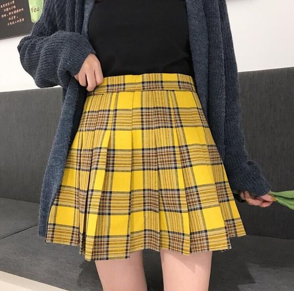 

new women fashion street style big size high-waisted yellow chequered a-shaped pleated charming fashion short skirt xs-5xl, Black;gray
