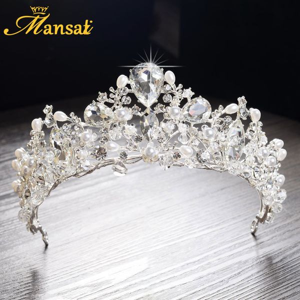

new gorgeous simulated pearls queen crowns and tiaras crystal diademas de novia brides hair jewelry rhinestone headpiece hg274, White;golden