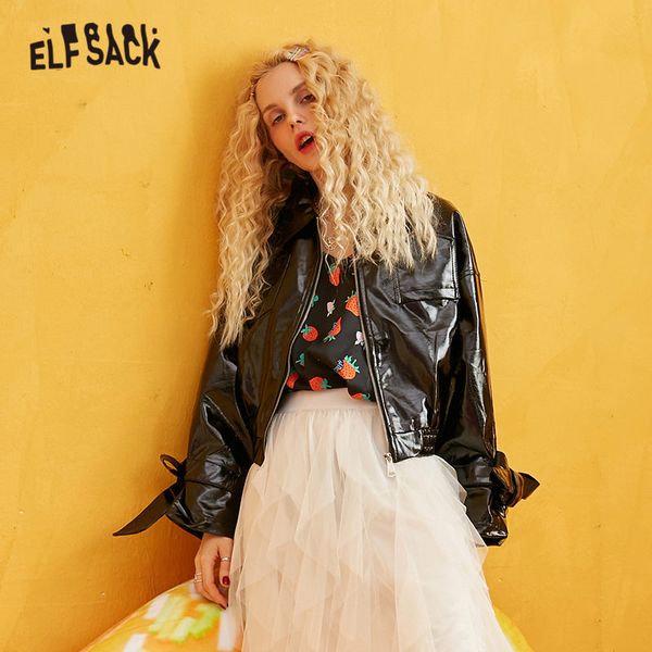 

elfsack red solid zipper new grunge women leather jackets 2019 autumn bow sleeve locomotive casual office ladies outwear, Black