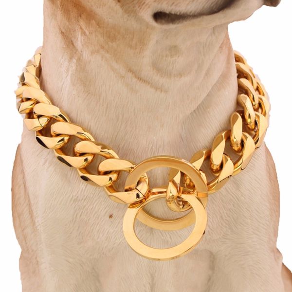 

15mm 316l stainless steel gold silver plated cuban dog pet chain collar 24 dog collar 60cm pet accessories