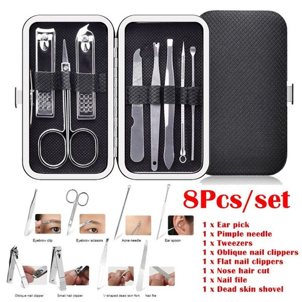 

8pcs/set multifunction nail clippers set stainless steel black pedicure scissor tweezer manicure set kit 5 color nail art tools