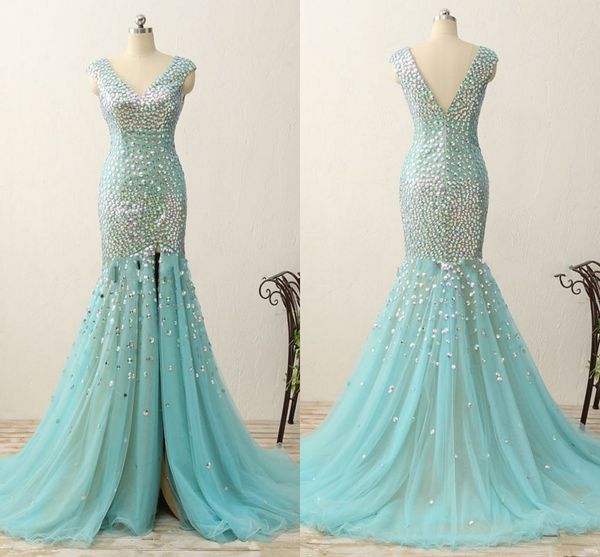 Elegant Evening vestidos de azul Teal Mermaid Prom Dress 2020 Crystals Duplo V-neck Abrir Voltar Zipper Train Pagenat Party Dress Mulheres Vestidos longos