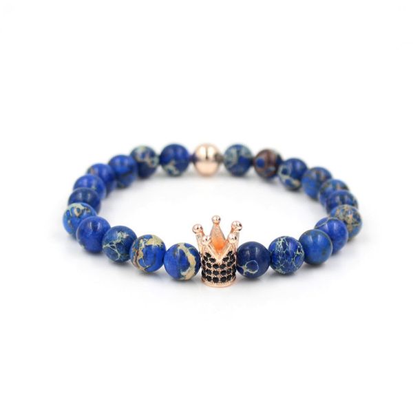 

natural blue regalite stone round beads crown bracelet zirconia strand braclet for women men jewelry pulseira homme, Golden;silver