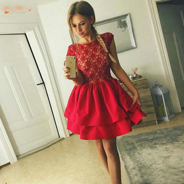 

o neck red prom dresses lace satin ruched knee length short prom gowns sleeveless customized slim fit homecoming dress, Blue;pink