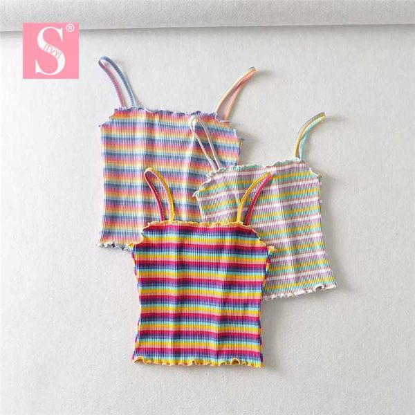 

stvy 2020 new spring summer fashion rainbow stripes camis sling tank knitting elasticity fashion vest, White