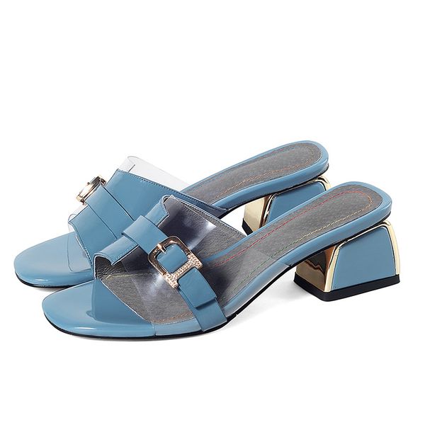 

pgxxzlx 2020 summer women's slippers patent leather square head sandals fashion sequin outdoor slipper slides women shoes mules, Black