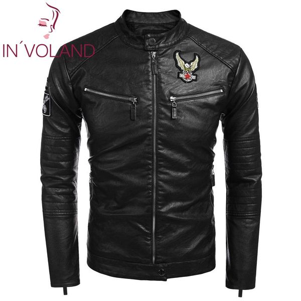 

men fashion stand collar long sleeve pu faux-leather moto biker jacket spring autumn casual zipper zipper pockets badges, Black
