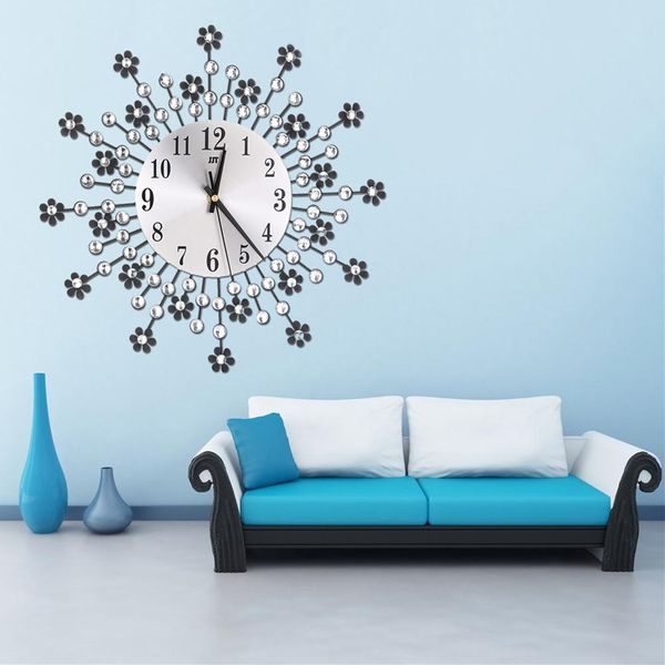 

new vintage metal crystal sunburst luxury diamond rhinestone floral wall clock analog metallic living room bedroom decor