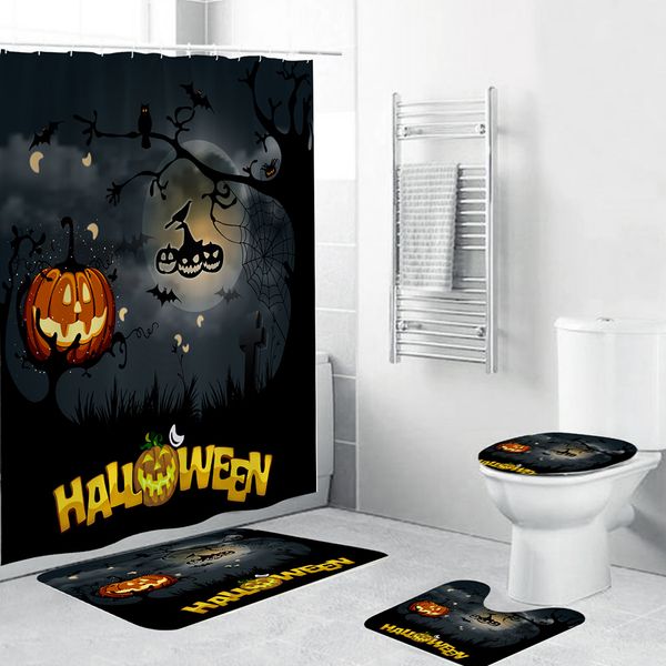 

halloween bathroom decoration bathroom rug set waterproof shower curtain toilet seat cushion carpet non-slip bath mat