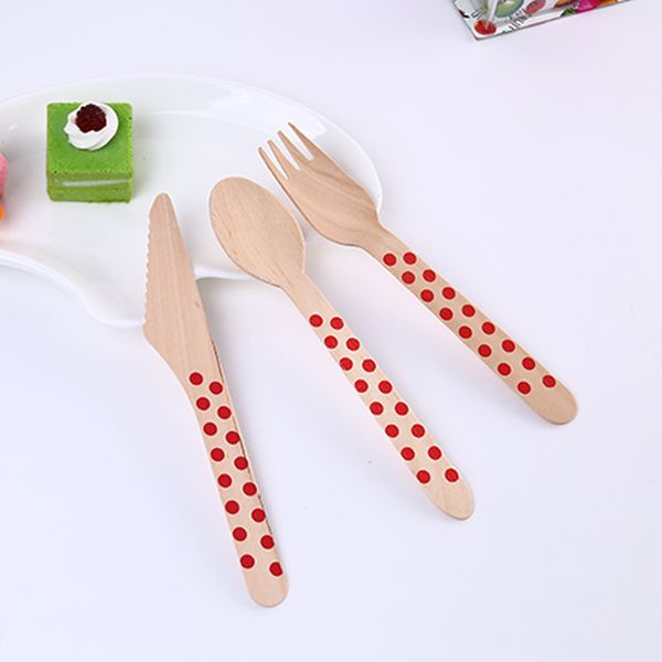 

6set/lot multicolor polka dot birch disposable wooden tableware fork spoon knife set cutlery for party of wedding kids birthday