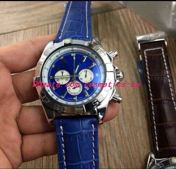 

luxury watch steel bezel blue leather bracelet quartz chronograph 44mm blue dial watch men watch wristwatch, Slivery;brown