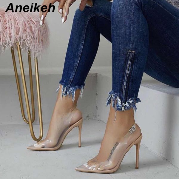 

aneikeh 2019 pvc transparent women pumps thin high heels pointed toe buckle strap party shallow for lady apricot size 35-42, Black