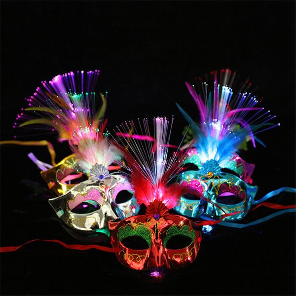 Fibra LED veneziana Light up Mask Masquerade Fancy Dress Party Princess Feather Maschere incandescenti Maschere mascherate