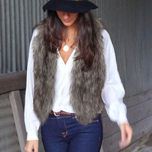 

women's vests sleeveless vest 2021 casual open stitch v neck solid fashion faux fur coat warm short winter long hair jacket waistcoat w, Black;white