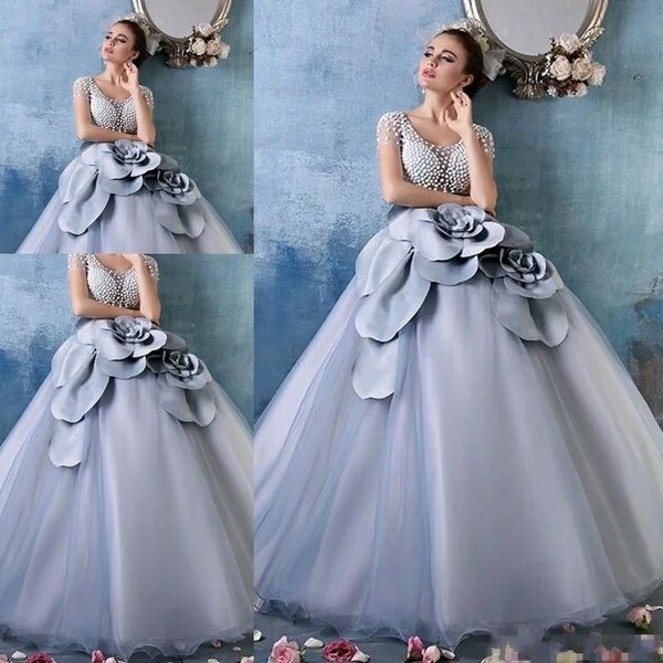 

2019 cinderella dusty blue debutante ball gown luxury pearls 3d floral short sleeves full length princess quinceanera dresses sweet 15 girls, Blue;red