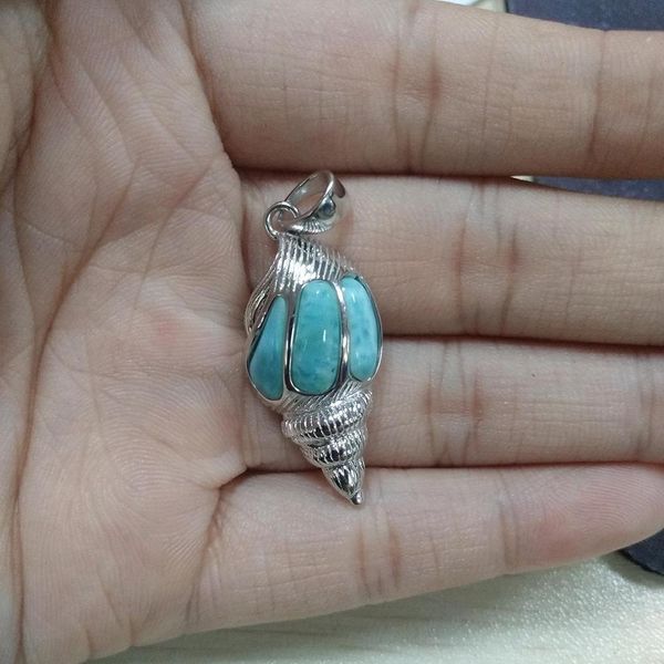 

100% 925 sterling silver pendant with natural larimar pendant genuine stone conch charm pendant for women gift