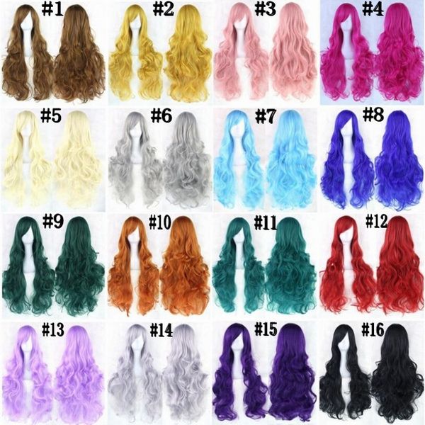 

80cm 20 colors wavy long wig hairpiece heat resistant fiber glueless fiber synthetic hair pink black women party hair cosplay wigs