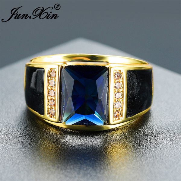 

luxury male geometric blue stone wedding rings for men women yellow gold ring vintage engagement ring zircon mens party jewelry, Slivery;golden