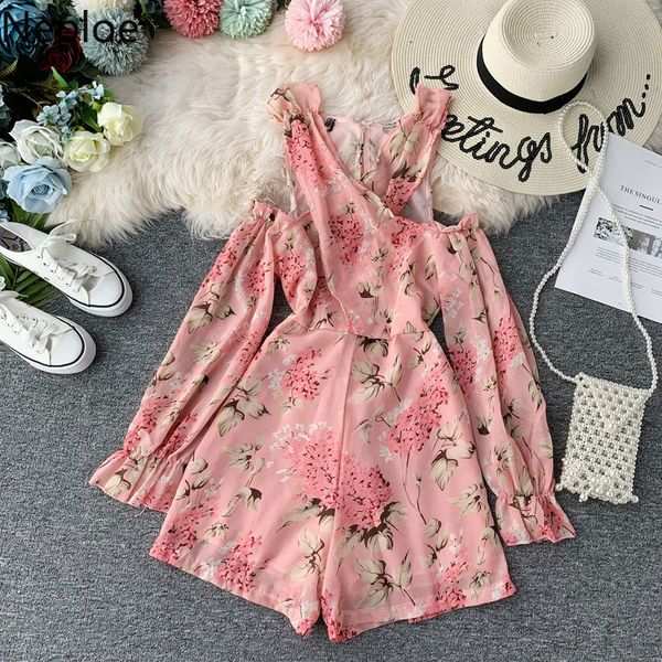 

neploe korean v neck fairy high waist jumpsuits women strapless shoulder print playsuits autumn cross bodysuits 45787, Black;white