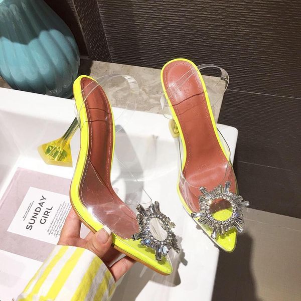 

2019 yellow pvc transparent women sandals crystal pointy toe high heels shoes woman perspex spike heel back strap pumps sandals t200111, Black