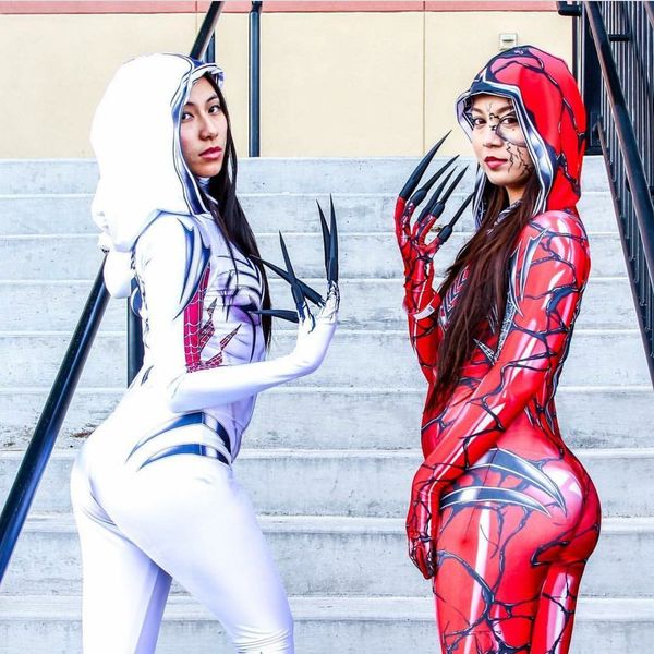 

2020 new venom female anime cosplay spiderman ladies body tights two colors marvel gwenom gwen spide-rman, Black;red