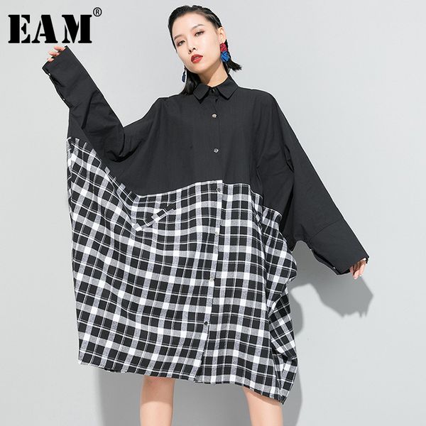 

eam] women black plaid split big size blouse new lapel long sleeve loose fit shirt fashion tide spring autumn 2020 1r657, White