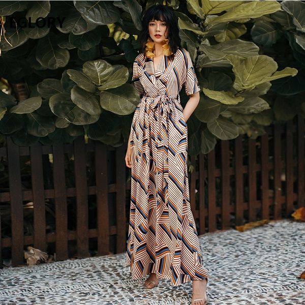 

2019 summer long dress women notched collar striped print belt pockets patchwork short sleeve long beach maxi dress, Black;gray
