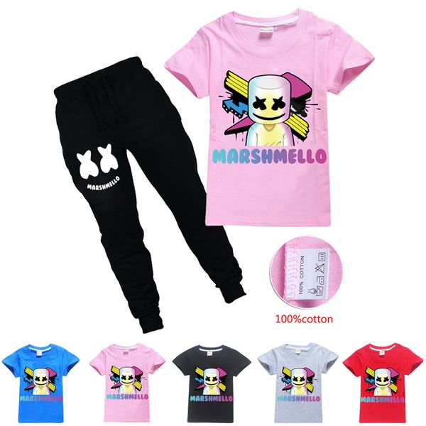 

100% cotton 6-14y boys girls t shirt + trousers 2 piece sets dj marshmello printed kids clothing sets kids designer clothes dhl ss72, White