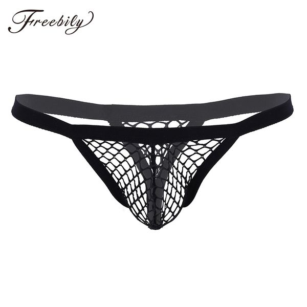 

mens male lingerie see through fishnet hollow out sissy gay jockstraps bulge pouch t-back string homme bikini briefs underwear, Black;white