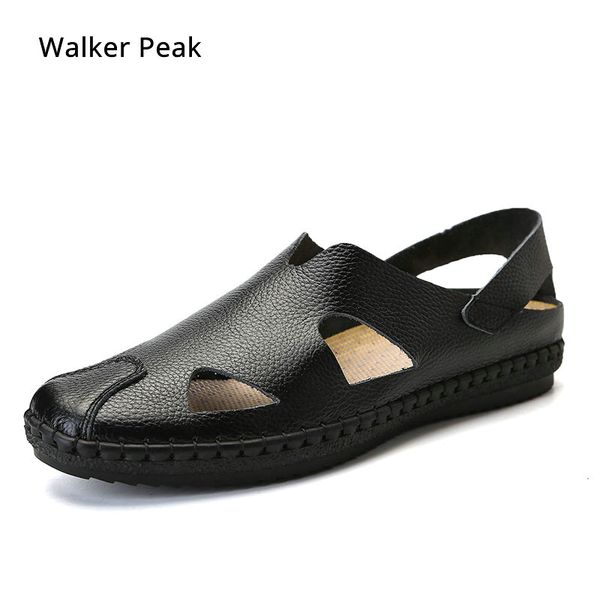 

2019 new man sandals genuine leather leisure driving shoes men beach shoes sewing slip-on ankle-wrap casual walker, Black