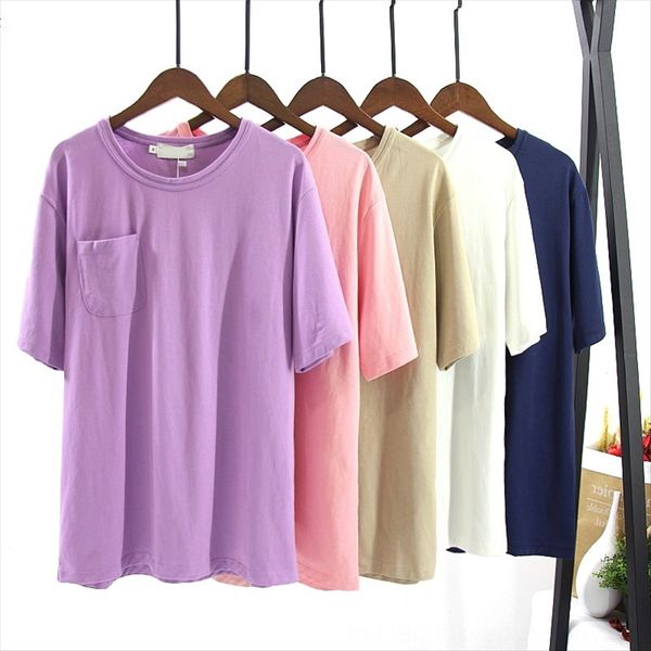 

purple t- pocket t-shirt female summer short sleeve loose simple regular slim student base shirt, White