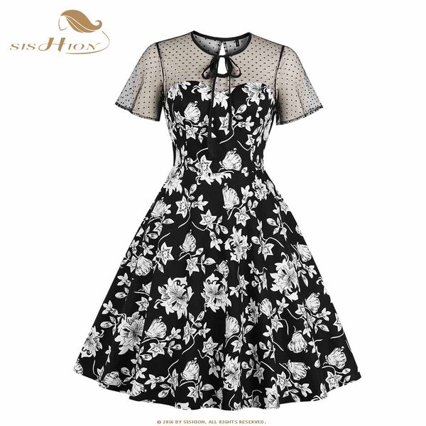 

sishion summer floral dress vd1047 2019 ladies lace short sleeve swing vintage women party black dress, Black;gray
