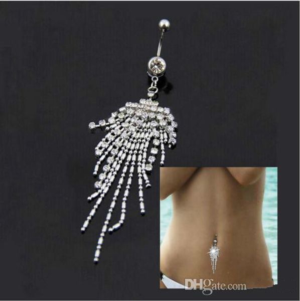 Melhor Sexy Dangle Barriga Bares Umbigo Anéis De Diamante De Prata Piercing No Ventre CZ Cristal Flor Jóia Do Corpo Umbigo Anéis Piercing Navio Da Gota