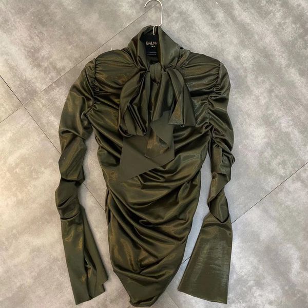 

2019 winter new tie with big bow ribbon bright long sleeve shirt women, White