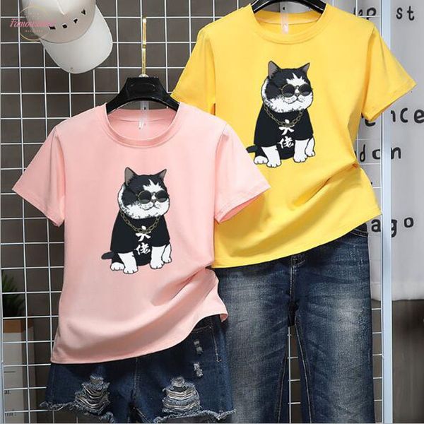 

fat cat print woman t shirts summer new style short sleeve round neck t shirt femme casual loose t shirt feminina, White