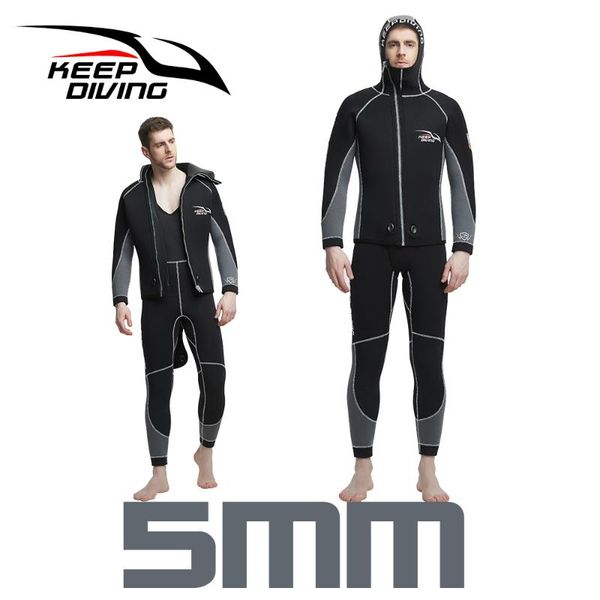 

double warm professional 5mm 2-piece neoprene scuba dive wetsuit with hood zipper split spearfishing wet suit for men equipment